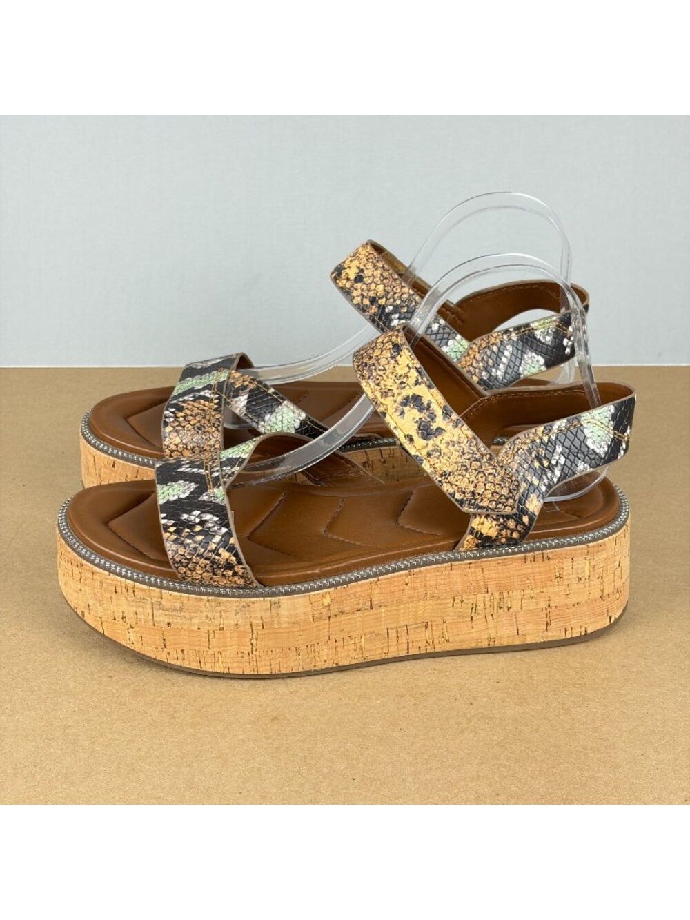 Franco Sarto Ozio Platform Sandals Snake Print Womens 10 Tan Black Ankle Strap